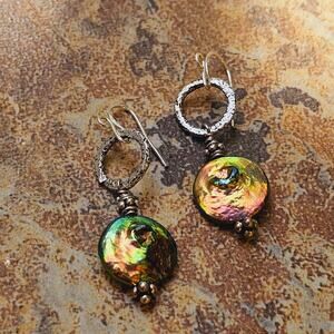 Freshwater Pearl Irrid. Coin Beads Ant. Sterling Etched Earrings